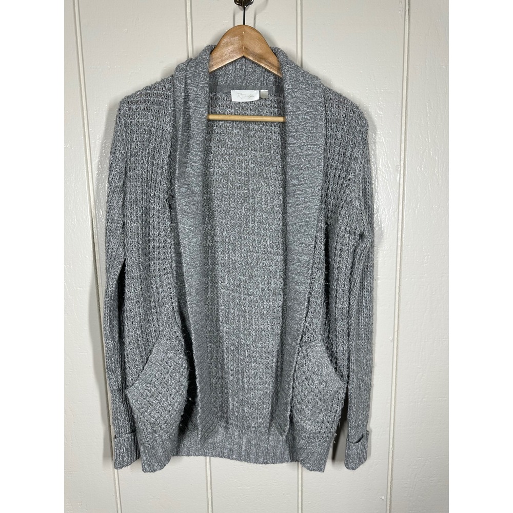 RD Style Cardigan Womens Small Grey Open Front Shawl Collar Waffle Knit Pockets